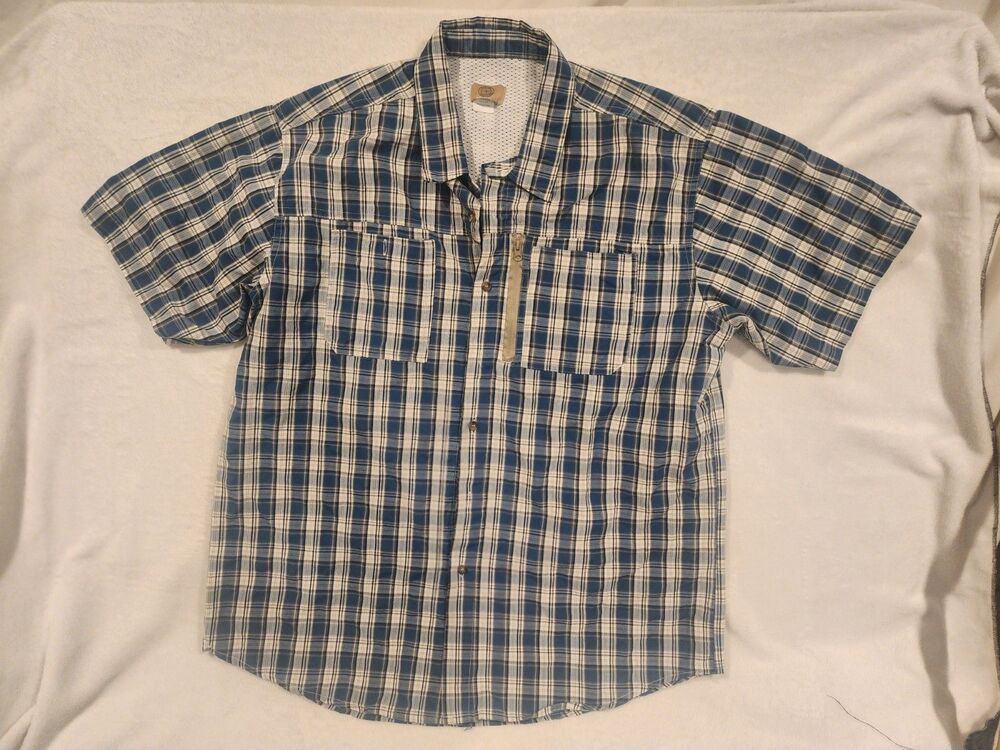 Plaid Haband Travelers Shirt L Blue White Button Up Short Sleeve  Zipper Pocket